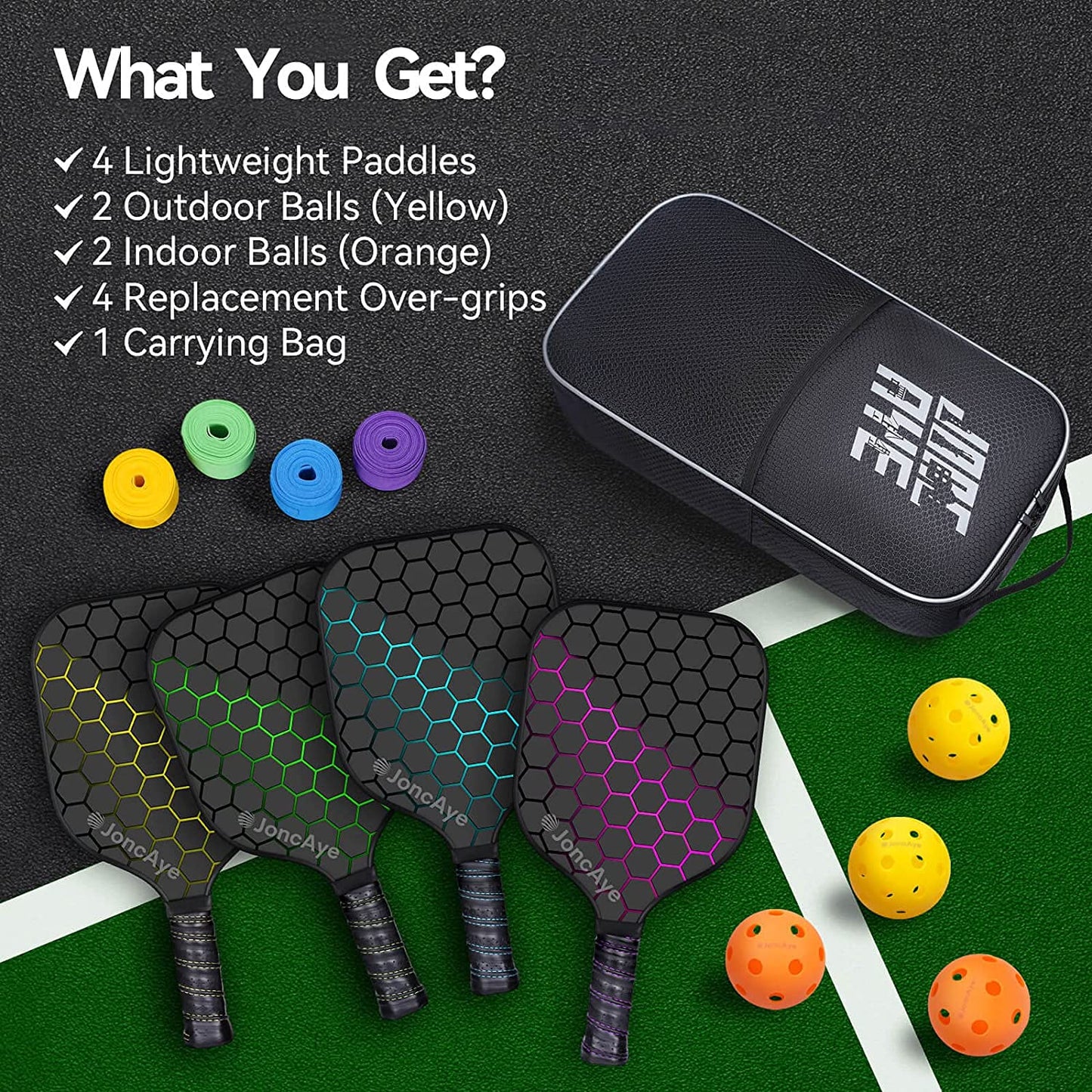 Pickleball-Paddles-Set of 4 Rackets and Balls W/Case, Grip Tapes | USAPA Approved