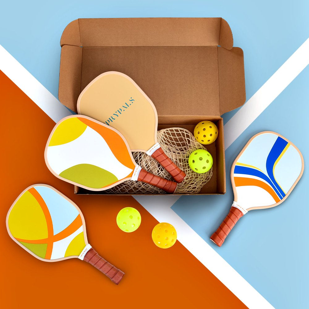 Pickleball Paddles Set of 4, Wooden Paddles, 4 Balls