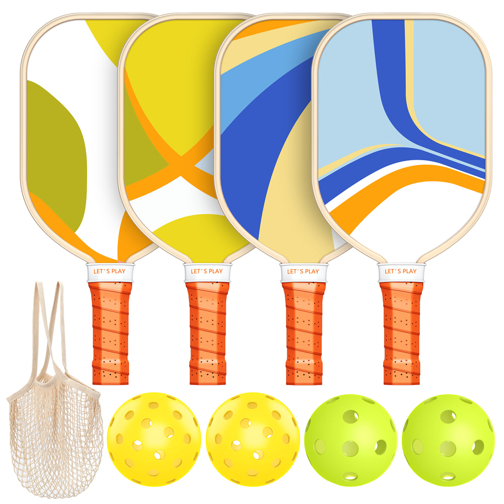 Pickleball Paddles Set of 4, Wooden Paddles, 4 Balls