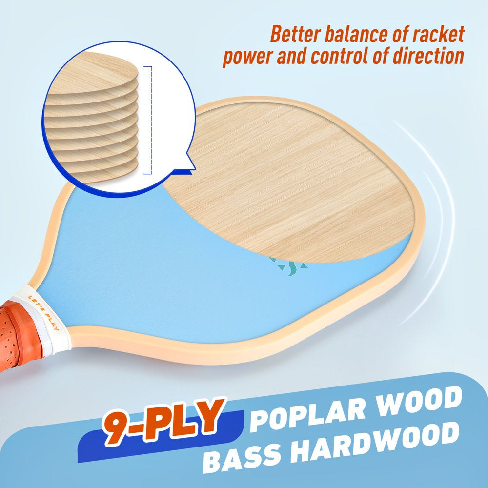 Pickleball Paddles Set of 4, Wooden Paddles, 4 Balls
