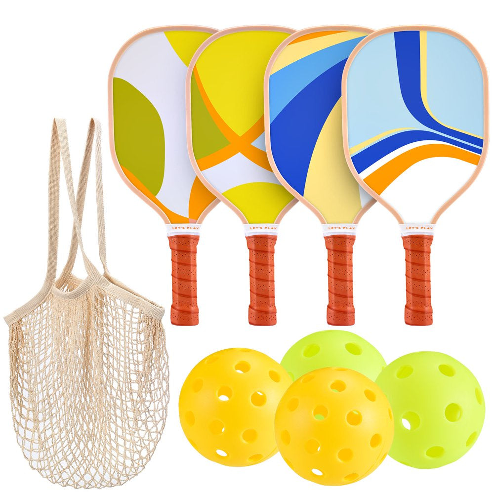 Pickleball Paddles Set of 4, Wooden Paddles, 4 Balls