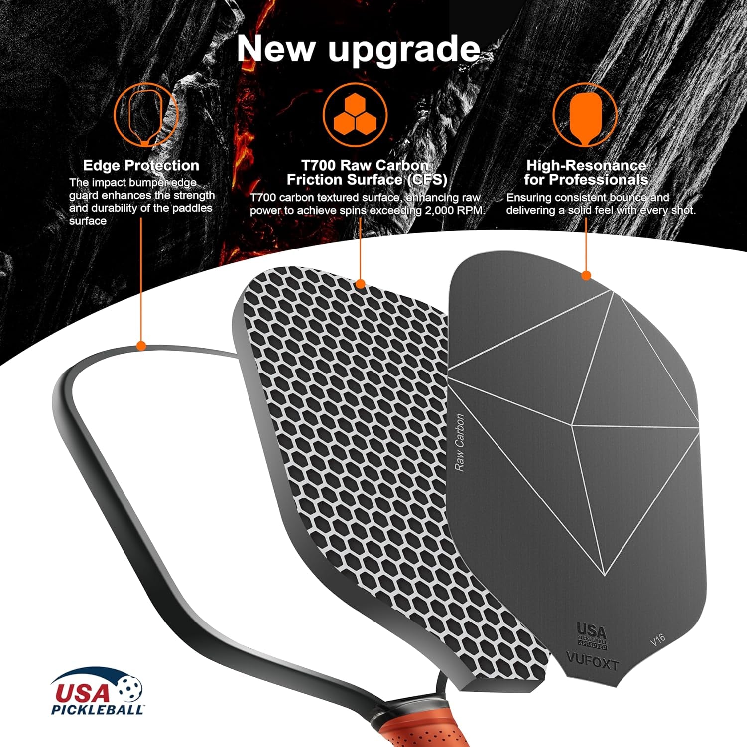 Pickleball Paddle, USAPA Approved T700 Raw Carbon Fiber Surface (CFS) High Spin 16MM PP Honeycomb Core