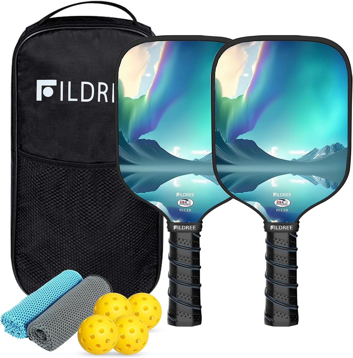 Pickleball Paddles Set of 2, Fiberglass Surface Pickleball Set, 1 Pickleball Bag, 2 Cooling Towels&4 Pickleball Balls