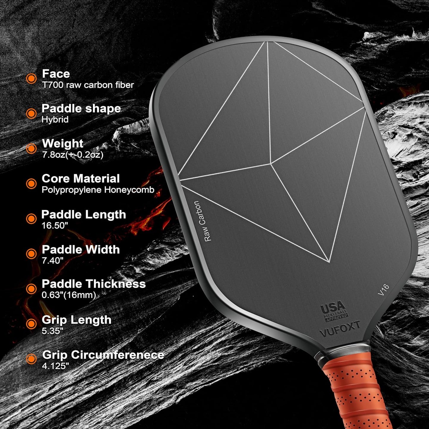 Pickleball Paddle, USAPA Approved T700 Raw Carbon Fiber Surface (CFS) High Spin 16MM PP Honeycomb Core