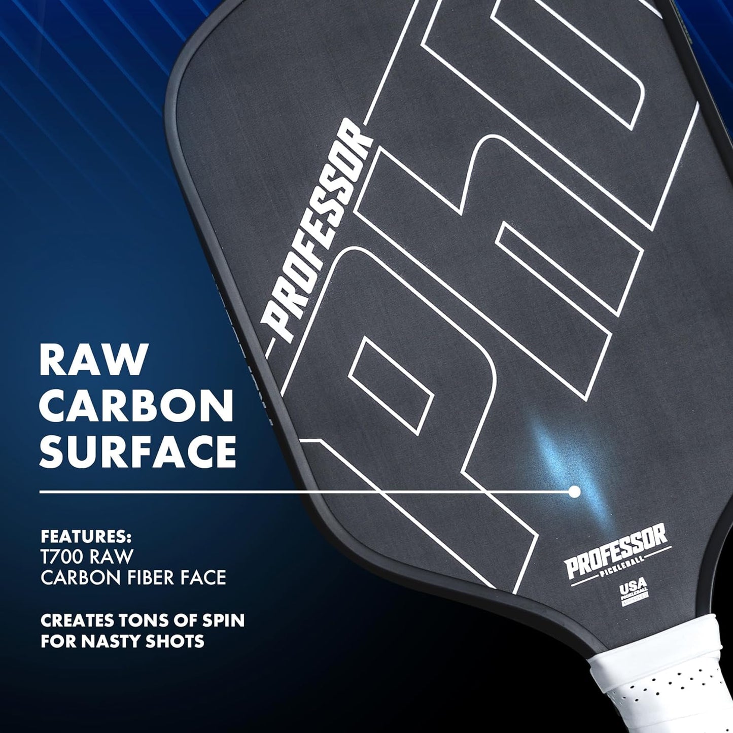 Professor Phd Raw Carbon Fiber Premium Pickleball Paddle Racket - USA Pickleball Approved - Honeycomb Core