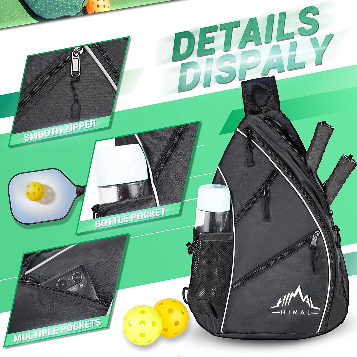 Pickleball Bag-Adjustable Pickleball,Tennis,Racketball Sling Bag-Pickleball Backpack with Water Bottle Holder