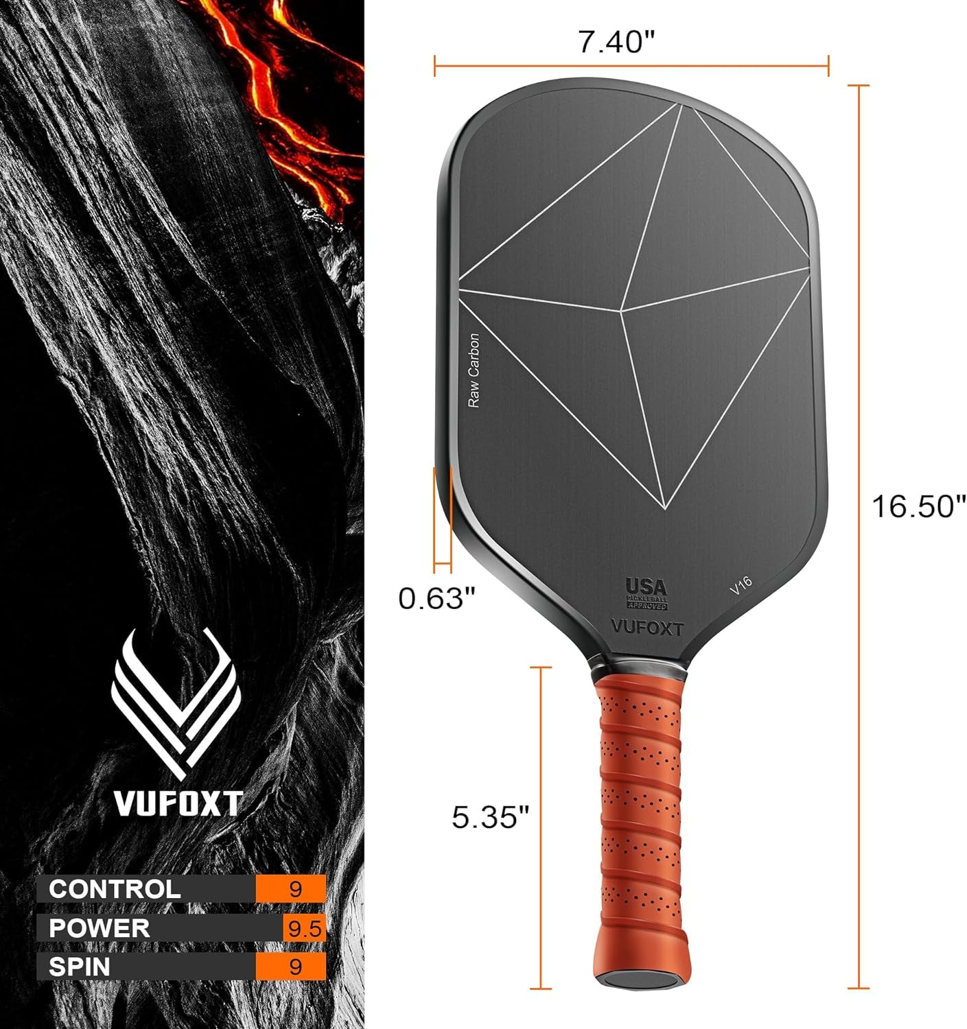 Pickleball Paddle, USAPA Approved T700 Raw Carbon Fiber Surface (CFS) High Spin 16MM PP Honeycomb Core