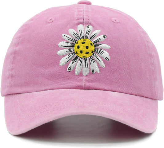 Pickleball Hat for Women, Ajustable Embroidered Daisy Washed Denim Baseball Cap