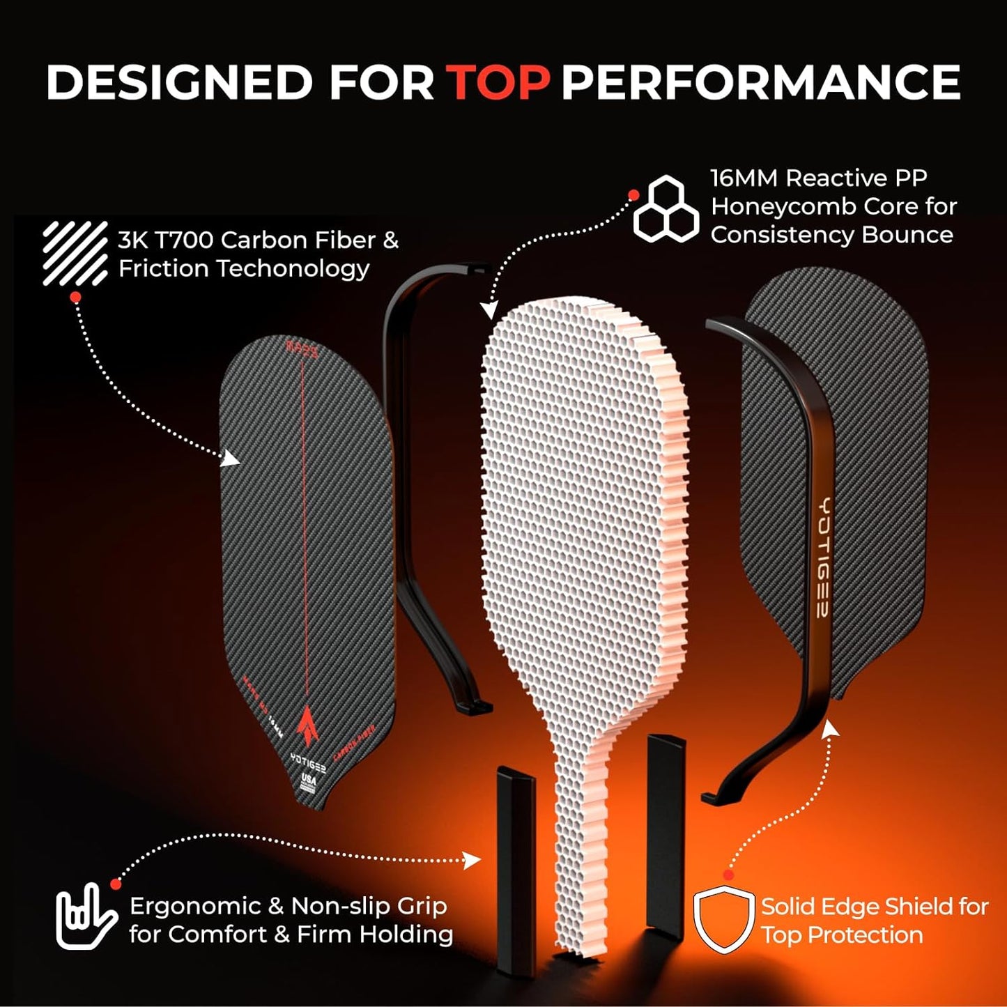 Carbon Pickleball Paddle | USAPA Approved | 3K T700 Carbon Fiber Surface with High Spin | 16Mm Polypropylene Honeycomb Core | Aerodynamic Curvature | Elongated Handle | Includes Paddle Cover