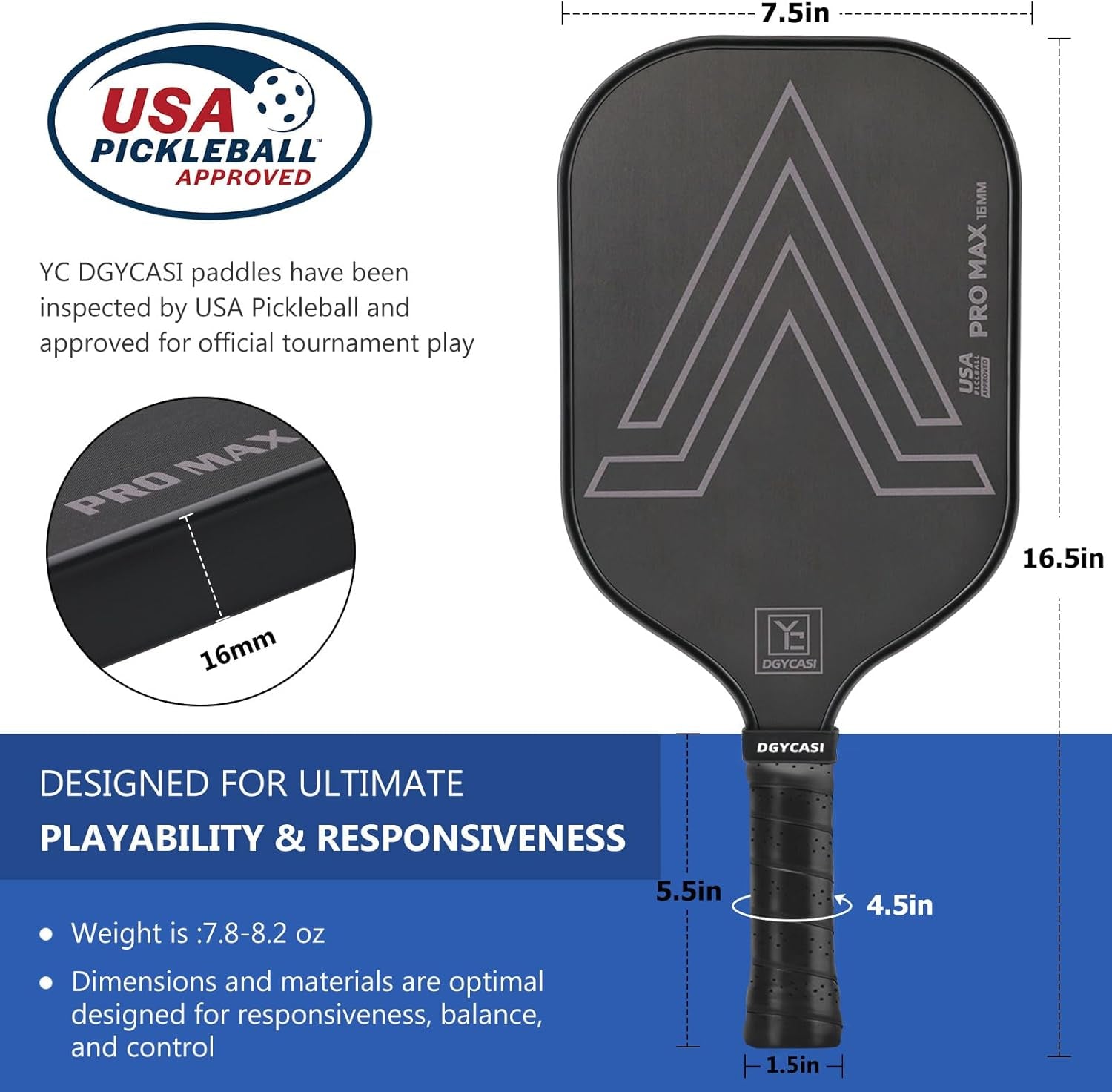 16Mm Pickleball Paddles Professional, 2024 USAPA Approved T700 Carbon Fiber Surface Pickle Paddle