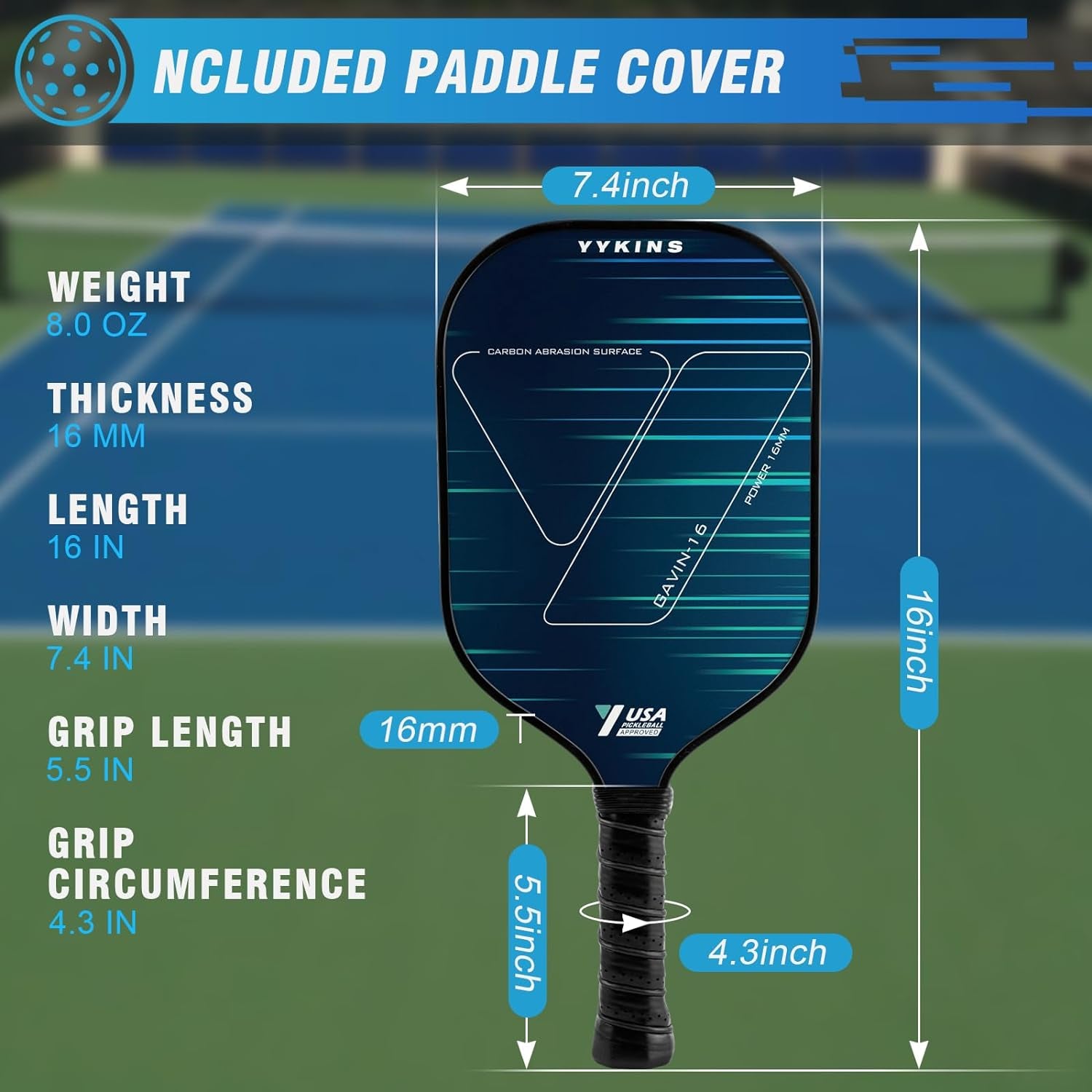 Pickleball Ball Paddle, 16MM Carbon Fiber Pickleball Paddle with Longer Handle, Elongated Paddle, Power