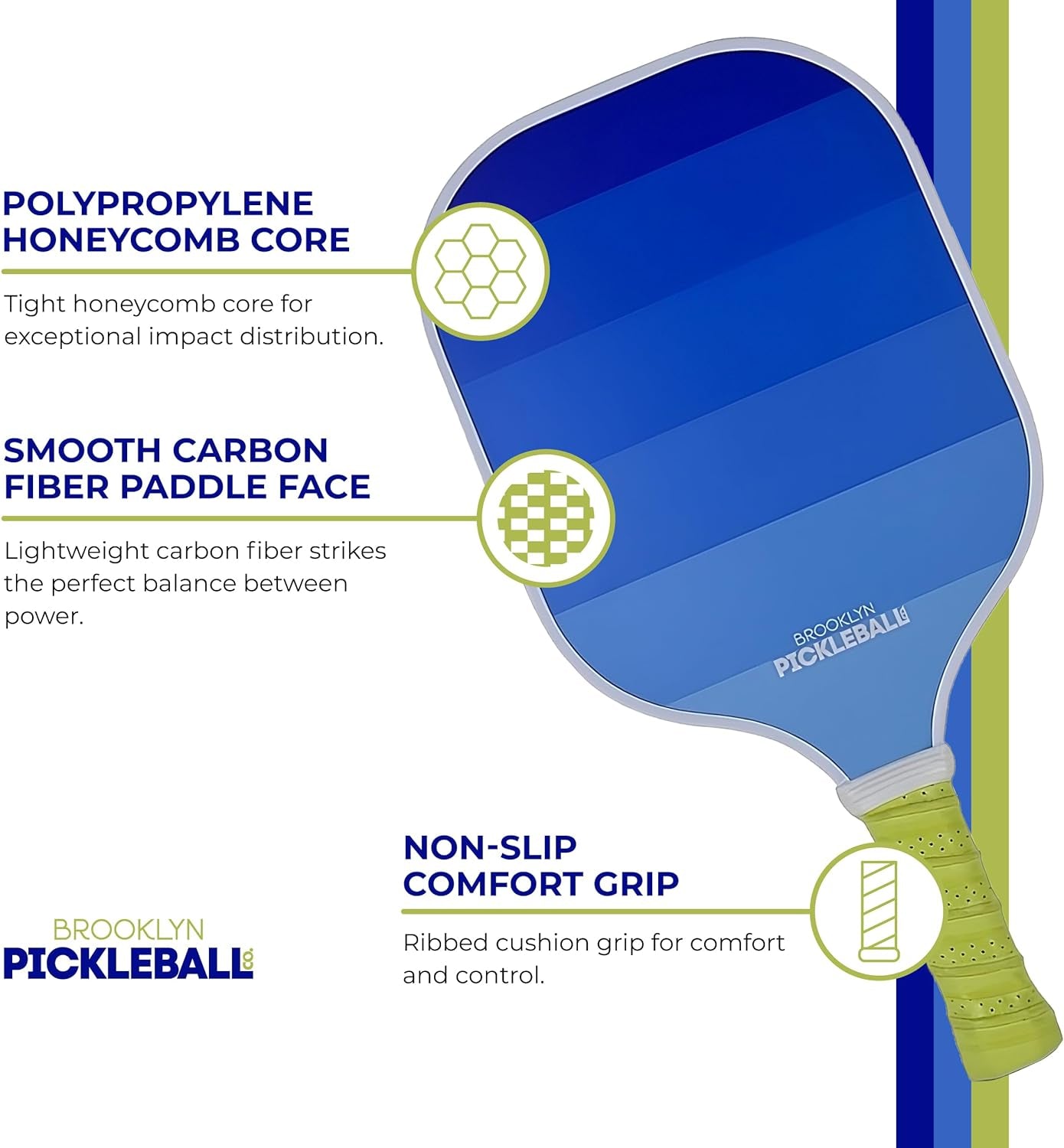 Brooklyn Pickleball Co | Blue & Yellow Pickle Ball Paddle & Cover | Carbon Fiber | Honeycomb Core | Ribbed Non-Slip Cushion Grip