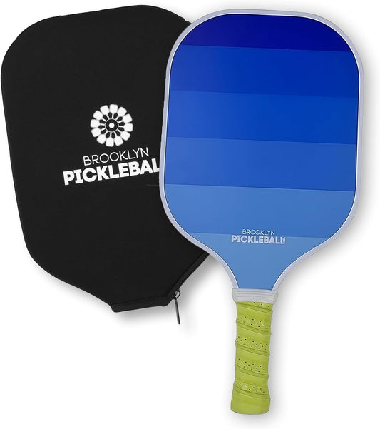 Brooklyn Pickleball Co | Blue & Yellow Pickle Ball Paddle & Cover | Carbon Fiber | Honeycomb Core | Ribbed Non-Slip Cushion Grip