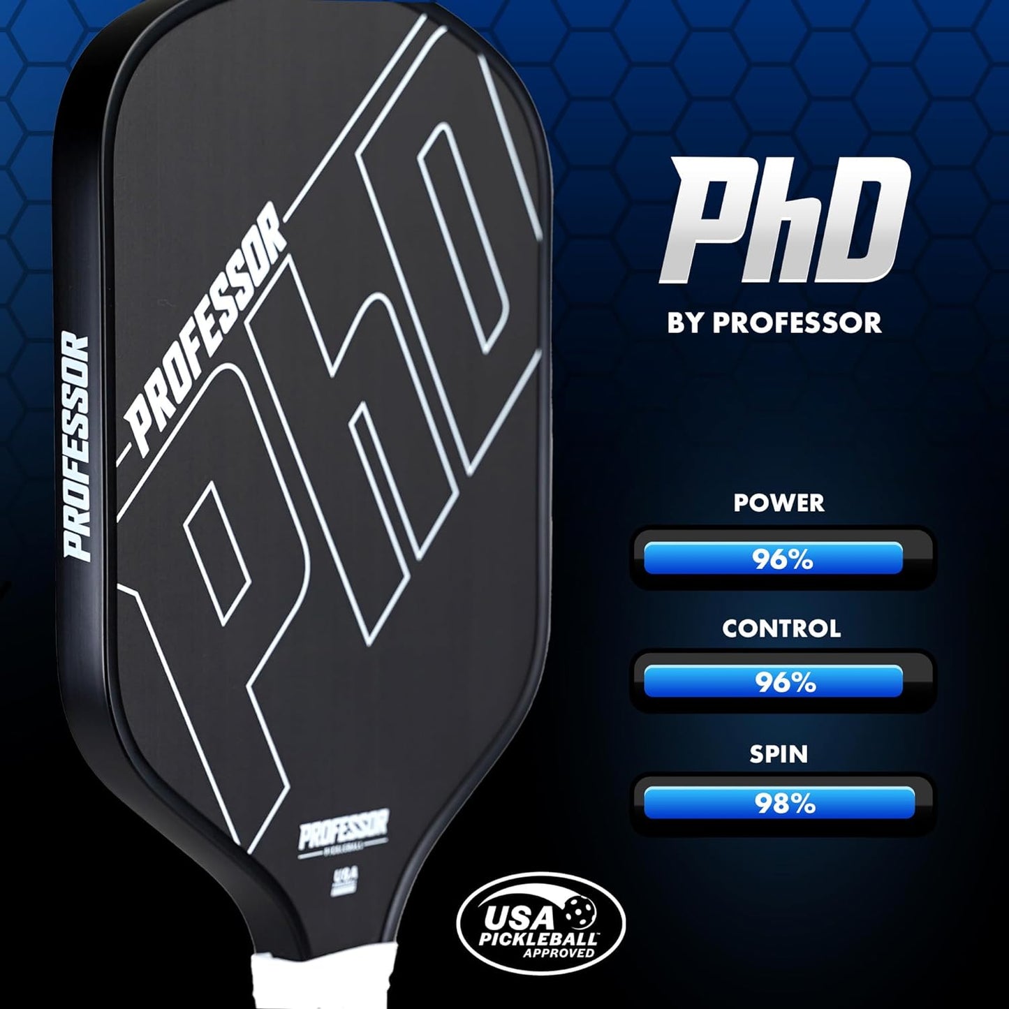 Professor Phd Raw Carbon Fiber Premium Pickleball Paddle Racket - USA Pickleball Approved - Honeycomb Core