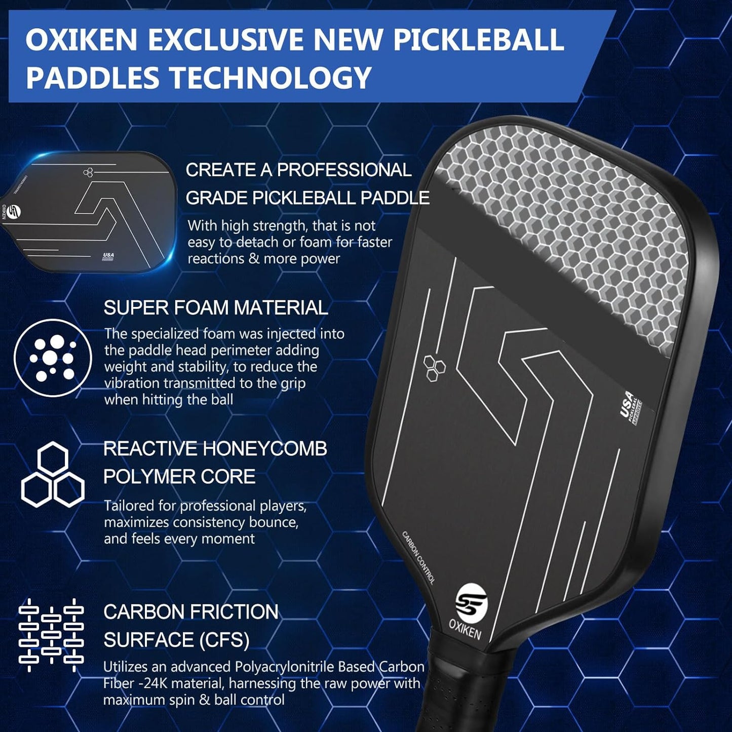 OXIKEN 10/13/16 Mm Pickleball Paddles 2024 USAPA Approved T700 Carbon Fiber Pickle Paddle (CFS)