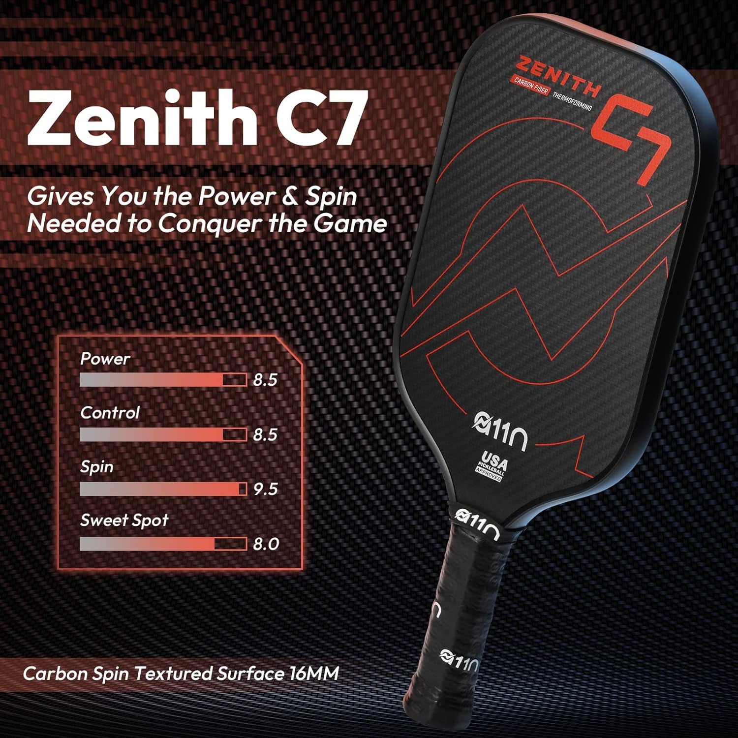 A11N Zenith Pickleball Paddle 16Mm | T-700 Carbon Fiber with Foam Injected Walls