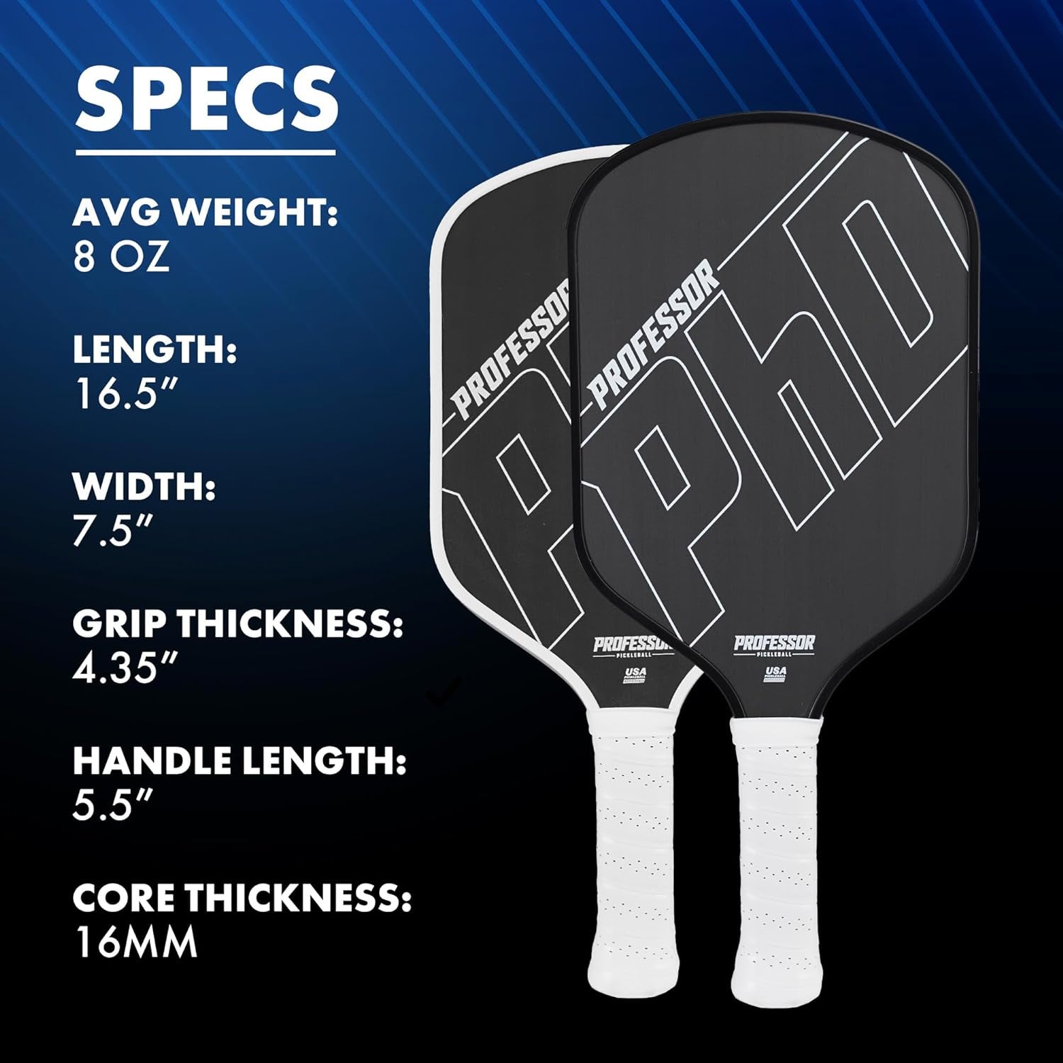 Professor Phd Raw Carbon Fiber Premium Pickleball Paddle Racket - USA Pickleball Approved - Honeycomb Core