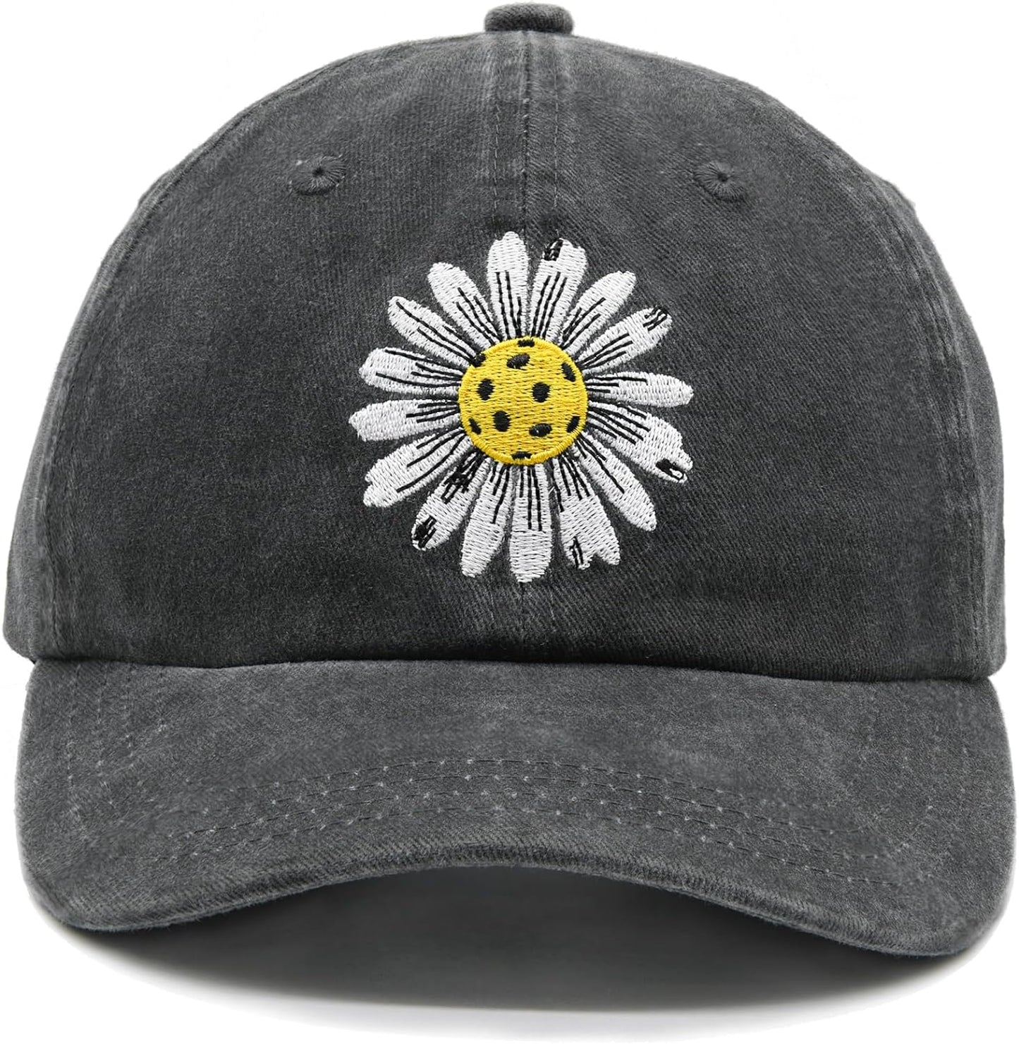 Pickleball Hat for Women, Ajustable Embroidered Daisy Washed Denim Baseball Cap