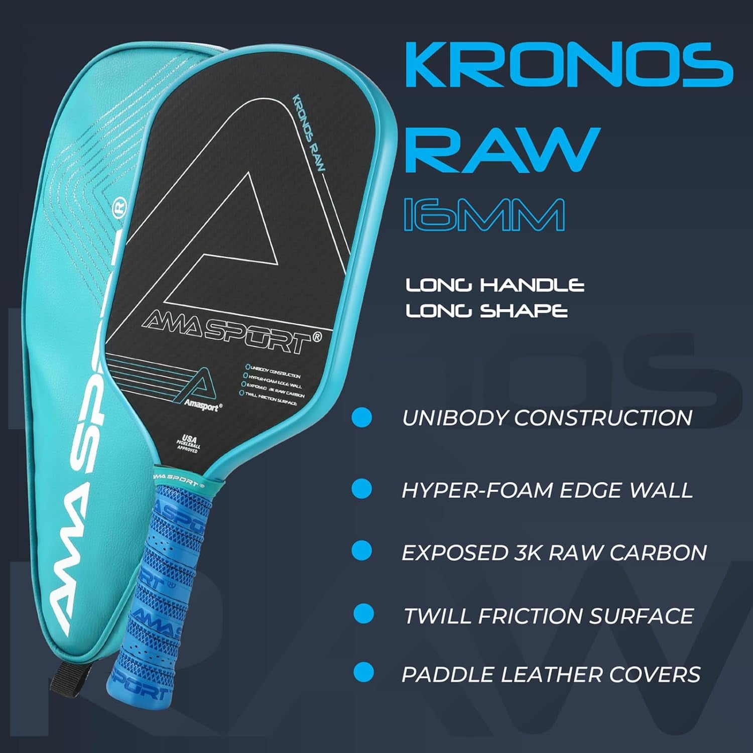 Kronos Raw Carbon Fiber Pickleball Paddle with Cover - 16Mm Pickleball Racket