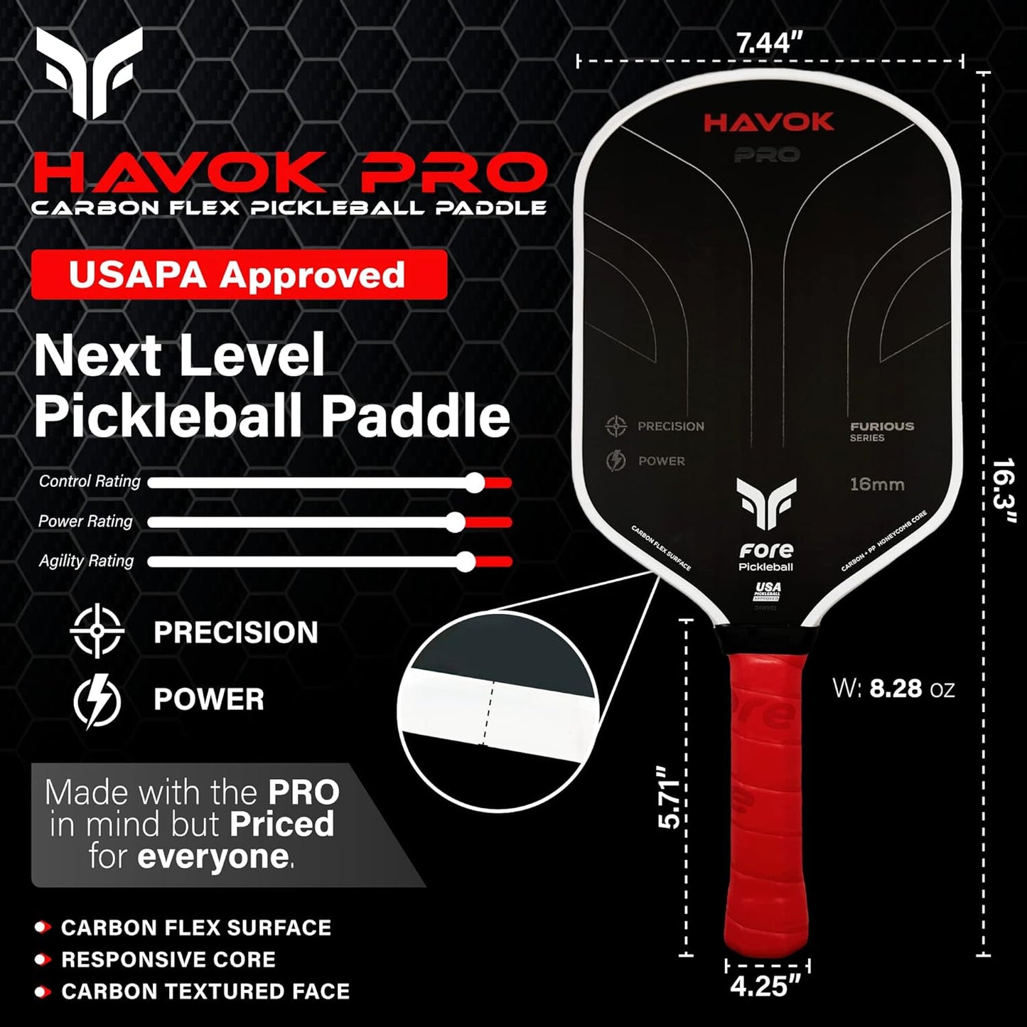 Carbon Fiber Pickleball Paddle | Enhanced Power, Precision and Maximum Spin