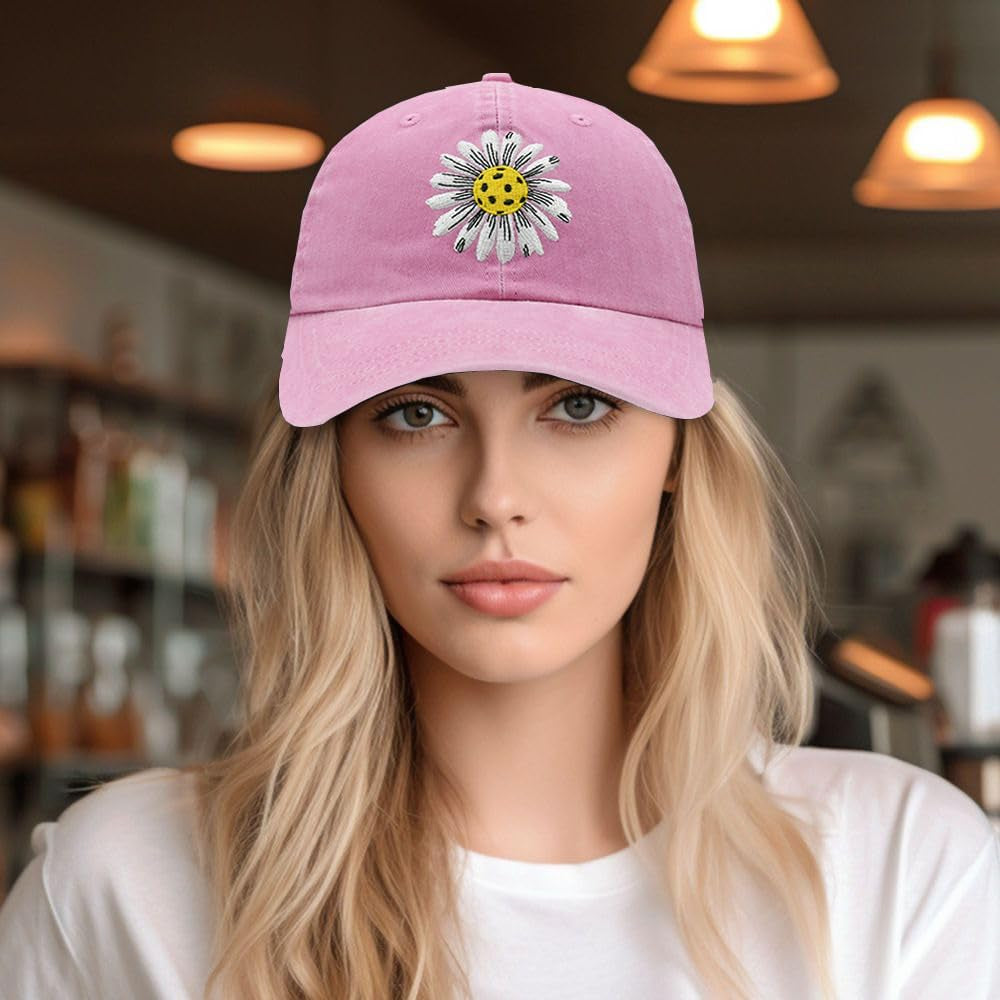 Pickleball Hat for Women, Ajustable Embroidered Daisy Washed Denim Baseball Cap