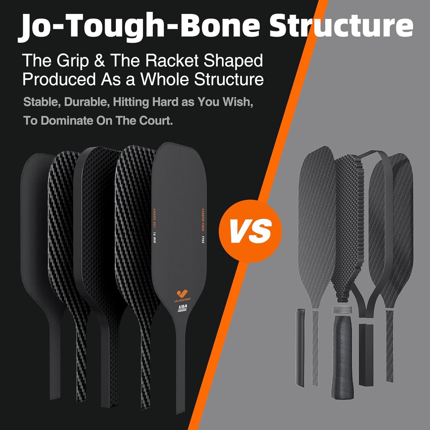 Raw Carbon Fiber Pickleball Paddle with a 16Mm Shark Power Polymer Core, the Pickleball Rackets Designed for Ultimate Spin & Consistency