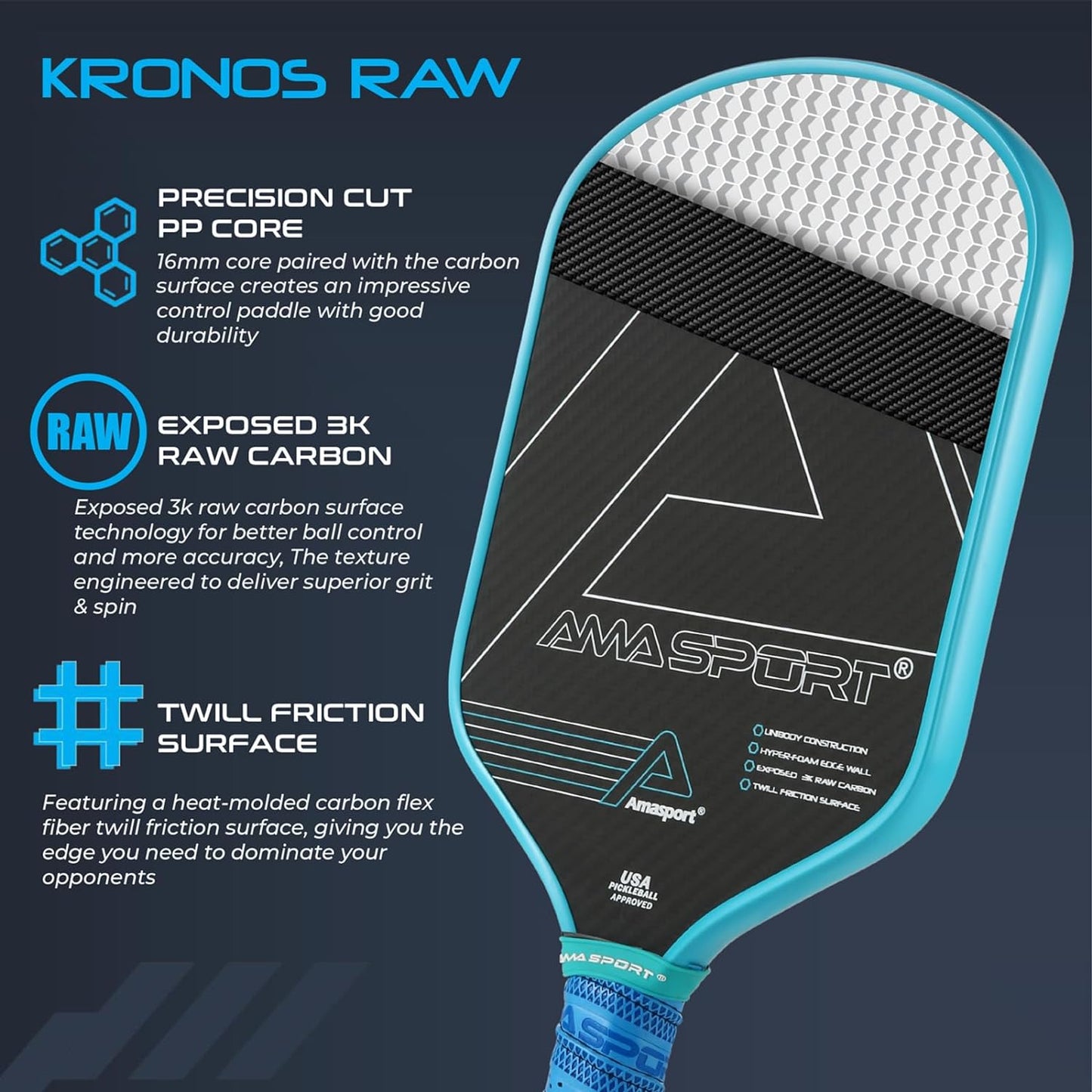 Kronos Raw Carbon Fiber Pickleball Paddle with Cover - 16Mm Pickleball Racket