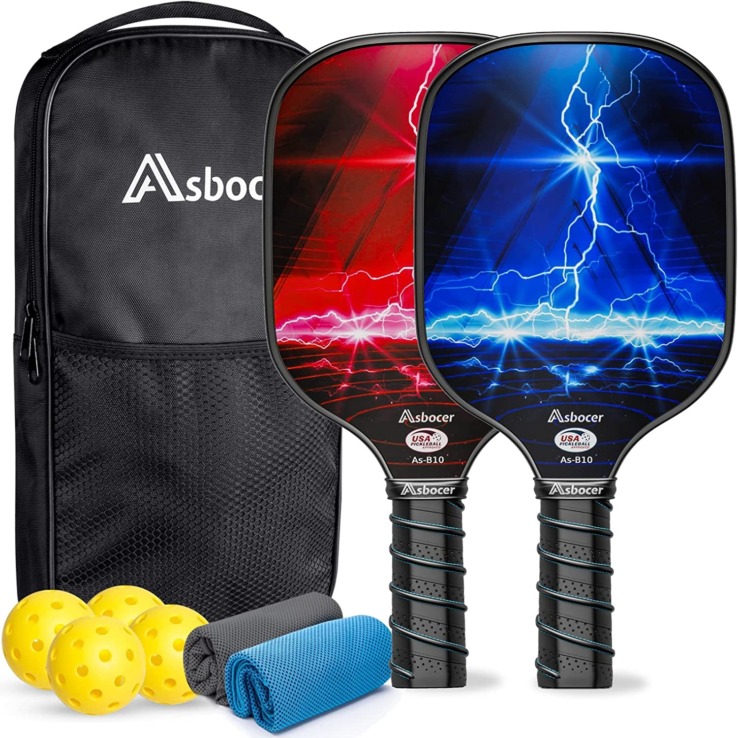 USAPA Approved Pickleball Paddles Set of 2, Fiberglass Surface Pickleball Set, 4 Pickleball Balls, 2 Cooling Towels