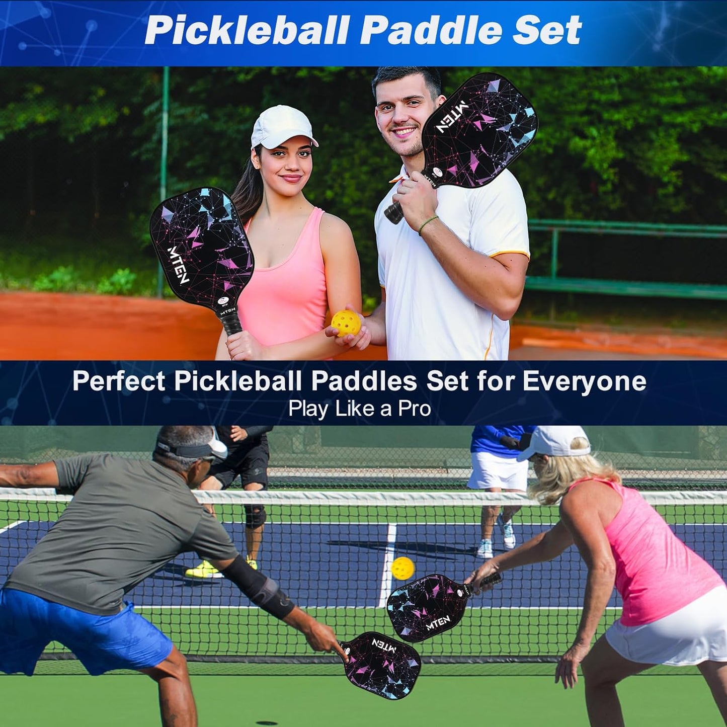 USAPA Approved Fiberglass Surface Pickleball Set with 2 Pickleball Rackets