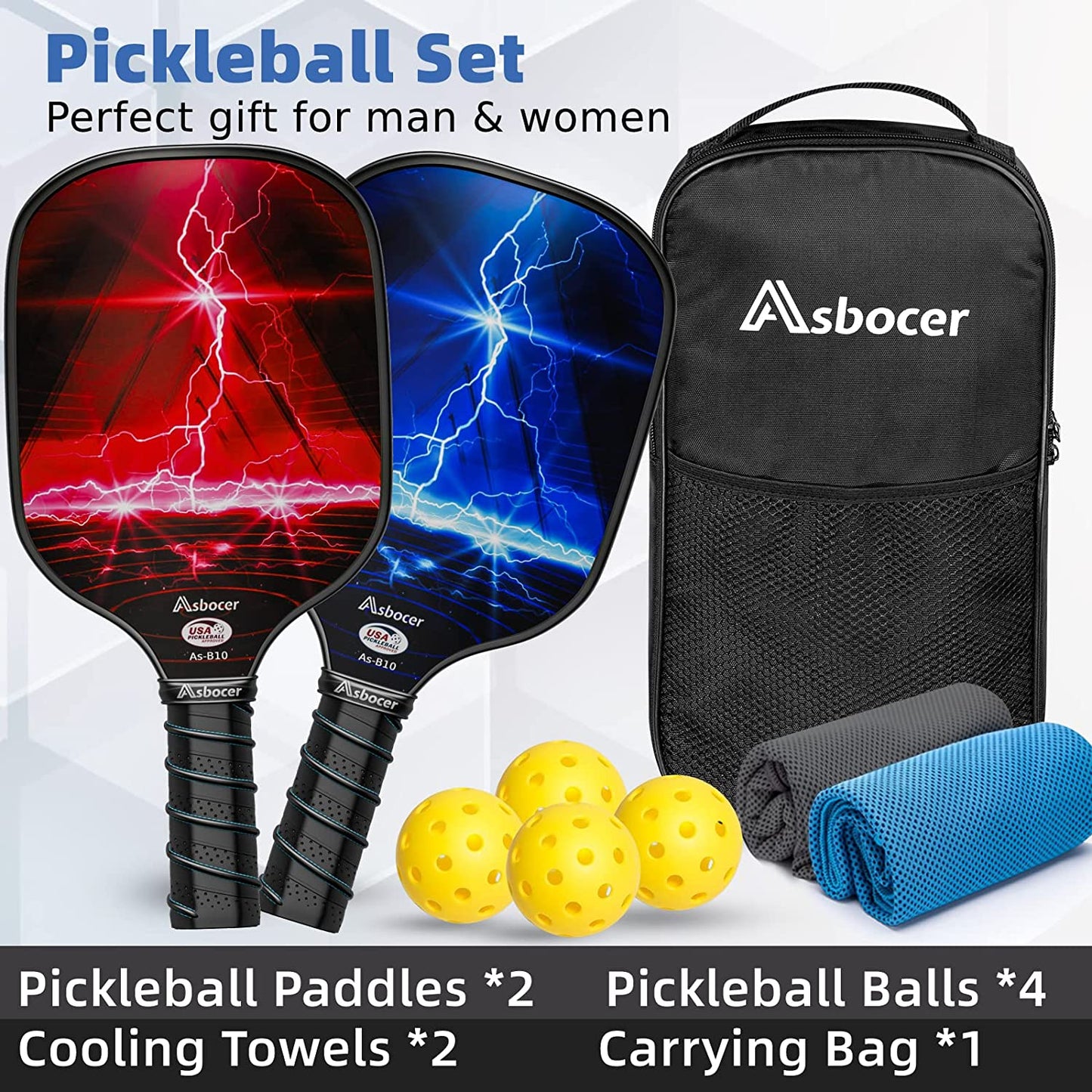 USAPA Approved Pickleball Paddles Set of 2, Fiberglass Surface Pickleball Set, 4 Pickleball Balls, 2 Cooling Towels