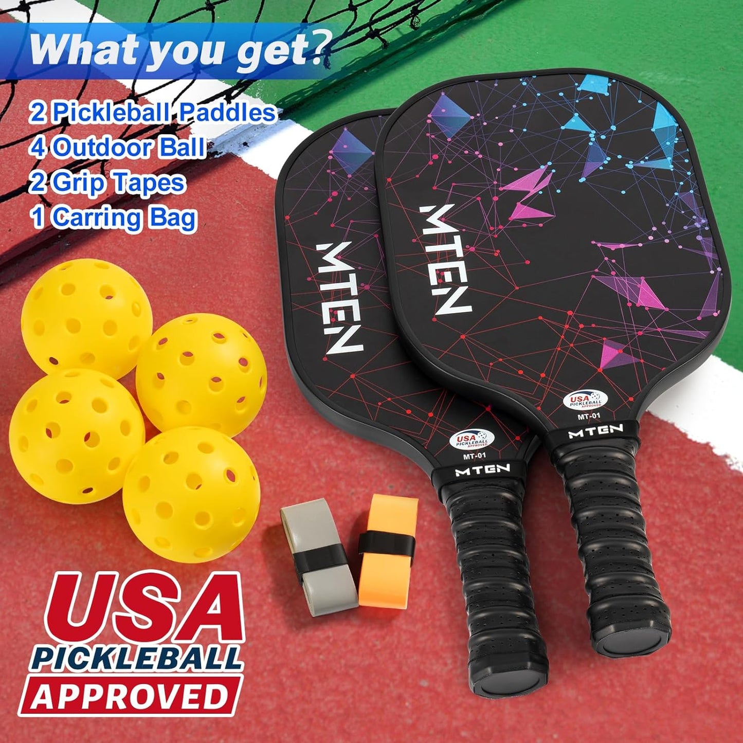 USAPA Approved Fiberglass Surface Pickleball Set with 2 Pickleball Rackets