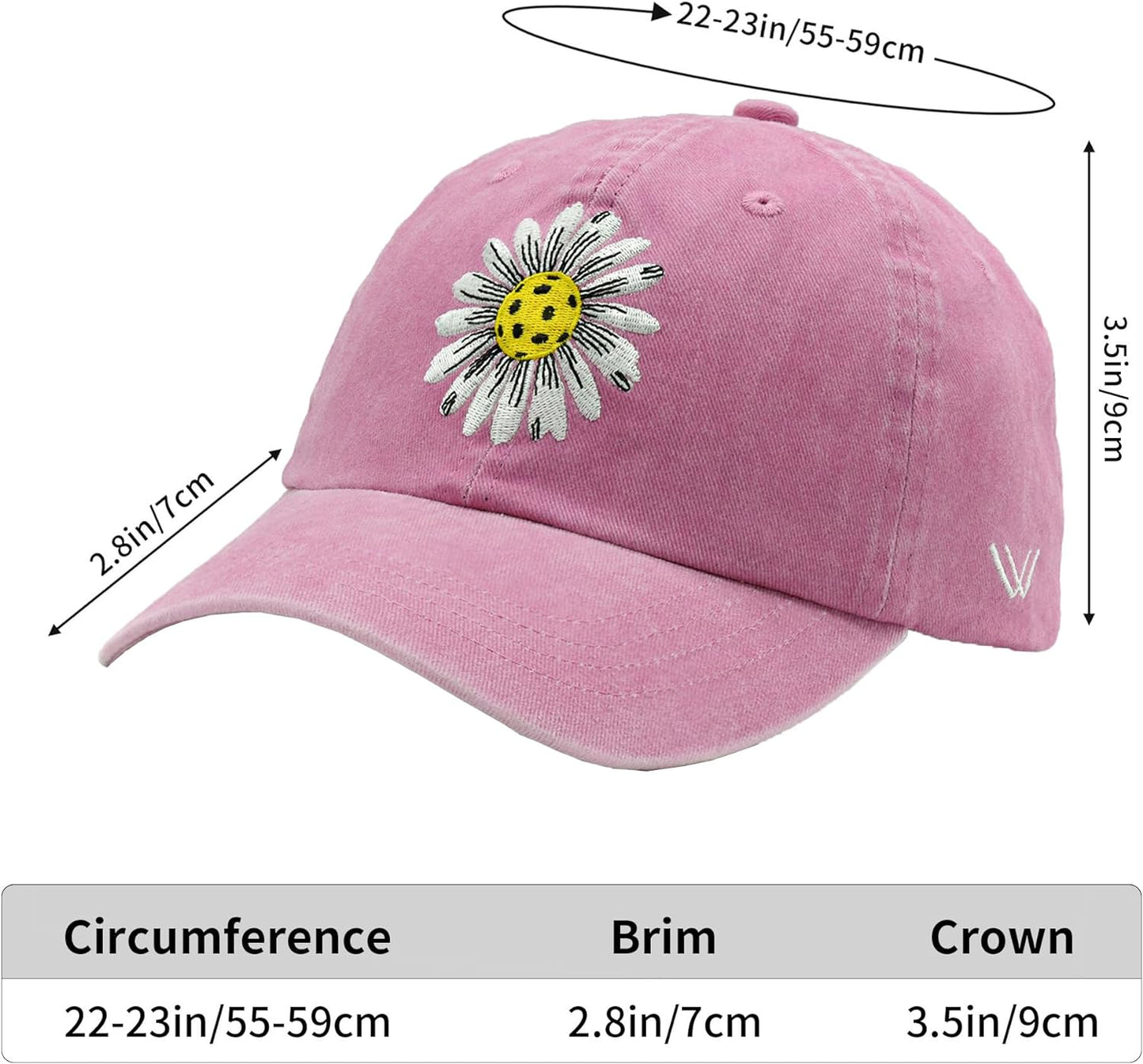 Pickleball Hat for Women, Ajustable Embroidered Daisy Washed Denim Baseball Cap