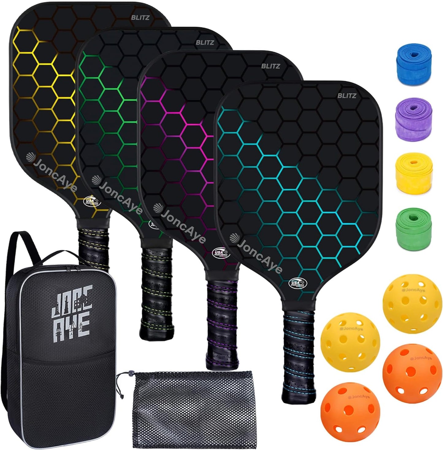 Pickleball-Paddles-Set of 4 Rackets and Balls W/Case, Grip Tapes | USAPA Approved 