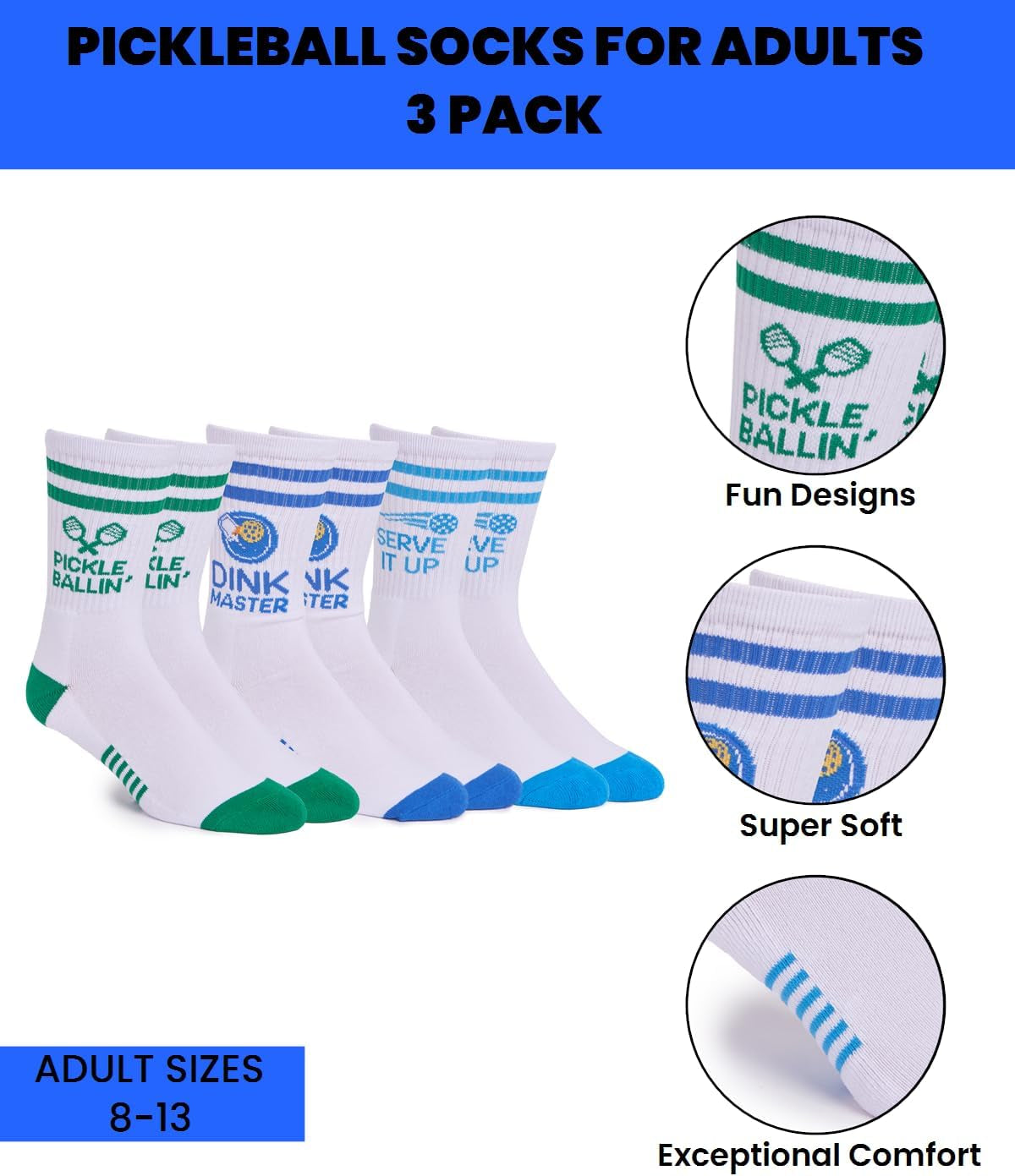 Performance Pickleball Athletic Crew Socks, Great Gift for Pickleball Lovers, Fun Pickleball Accessories