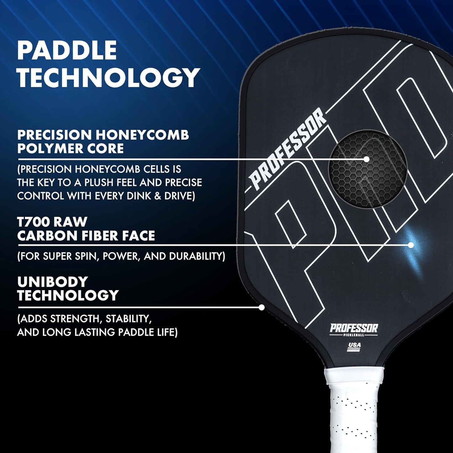 Professor Phd Raw Carbon Fiber Premium Pickleball Paddle Racket - USA Pickleball Approved - Honeycomb Core