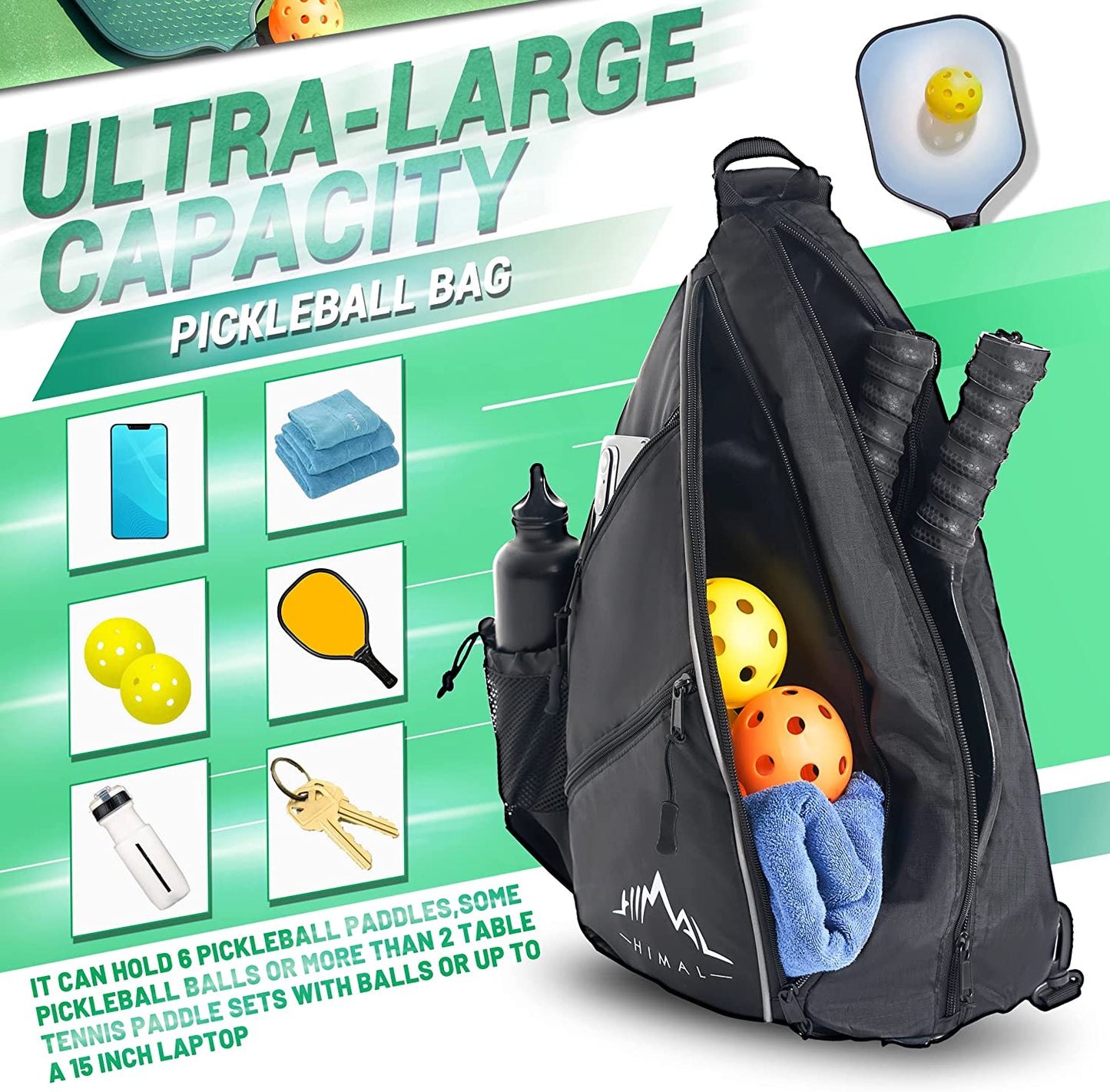 Pickleball Bag-Adjustable Pickleball,Tennis,Racketball Sling Bag-Pickleball Backpack with Water Bottle Holder