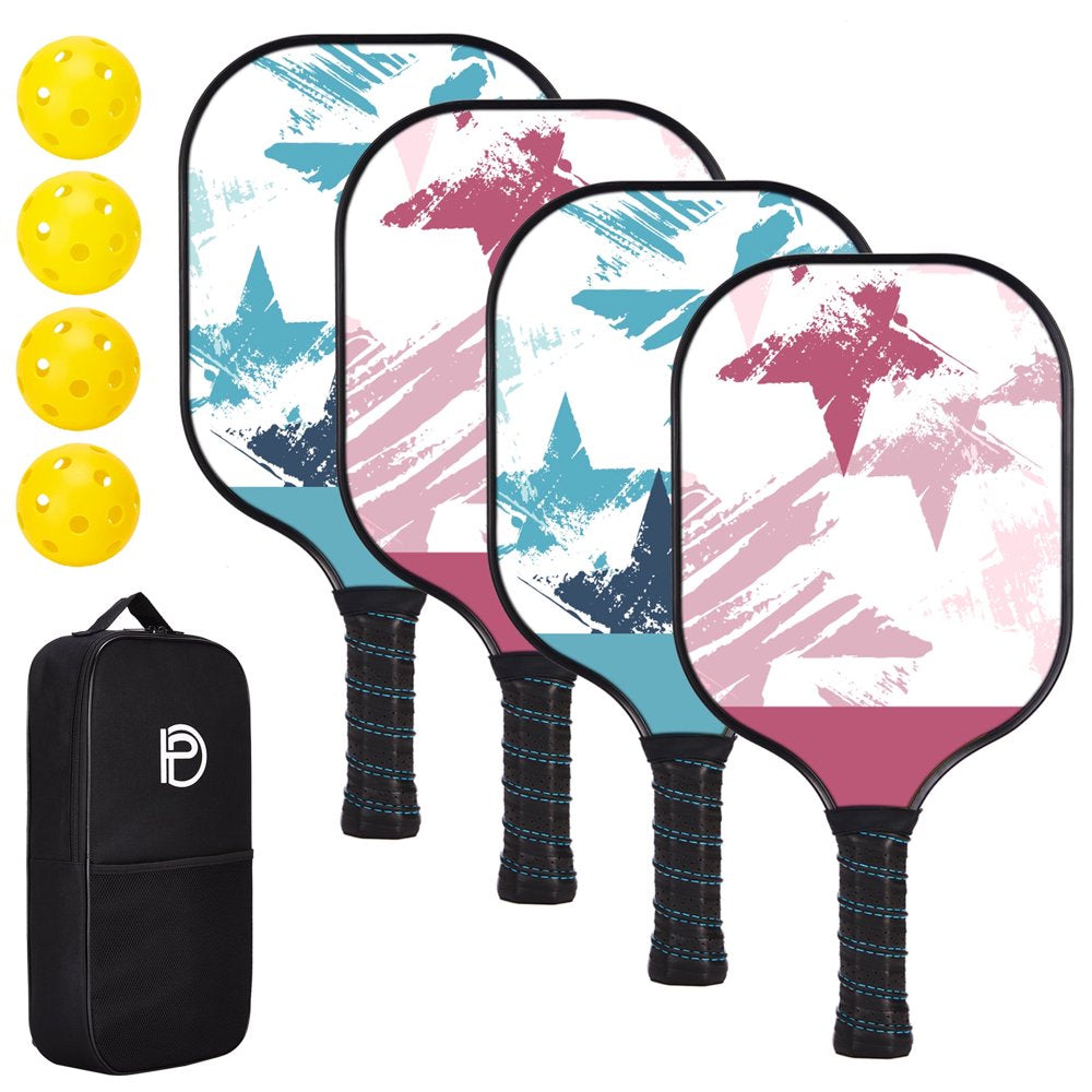 Wood Pickleball Paddles Set of 4 with Mesh Bag, 4 Pickleballs (Indoor/Outdoor) and 2 Cricket Balls