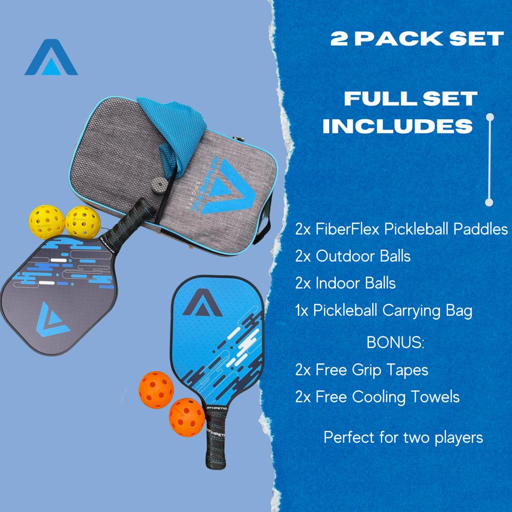 Fiberflex Pickleball Paddle Set, 2 Paddles, 4 Balls, 2 Overgrip Tapes, 2 Cooling Towels and Pickleball Bag - setpickleball