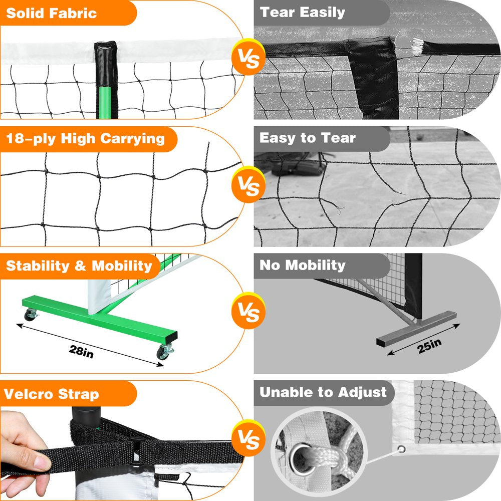 Pickleball Net Set on Wheels for Driveway Portable Regulation Size Pickleball Net System with 4 Paddles,6 Pickle Balls