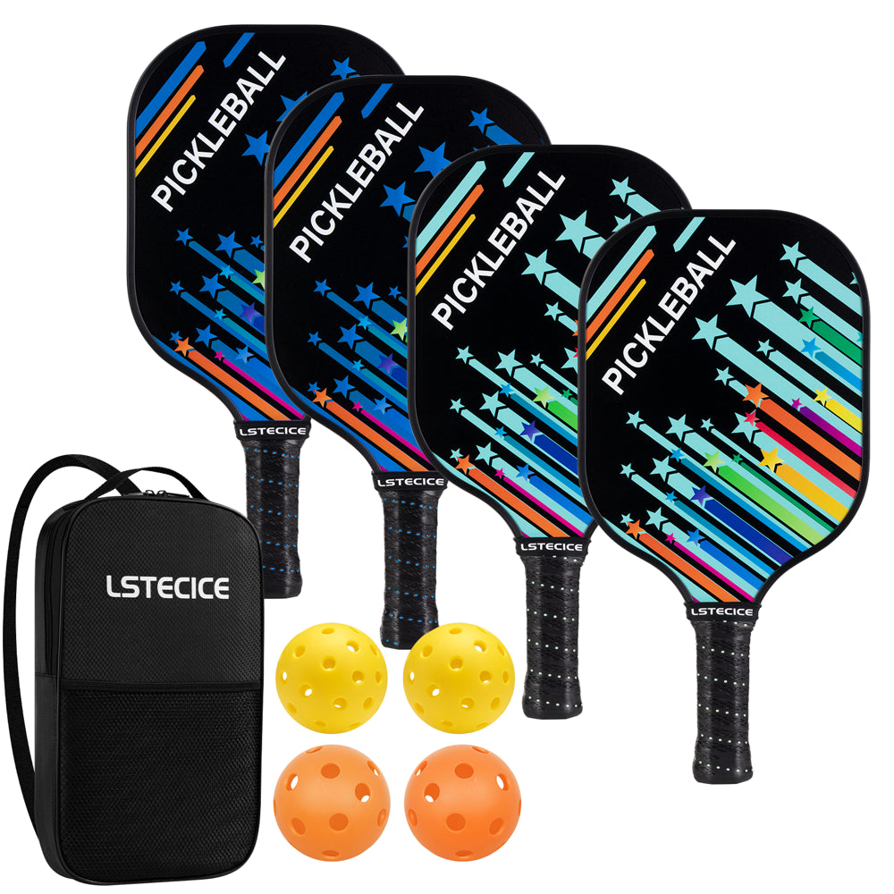 Pickleball Paddle Glassfiber 7.9Oz Pickle Set of 4 Paddles, 4 Balls, with Black Bag