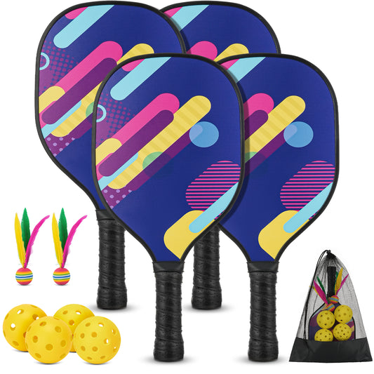 Wood Pickleball Paddles Set of 4 with Mesh Bag, 4 Pickleballs (Indoor/Outdoor) and 2 Cricket Balls