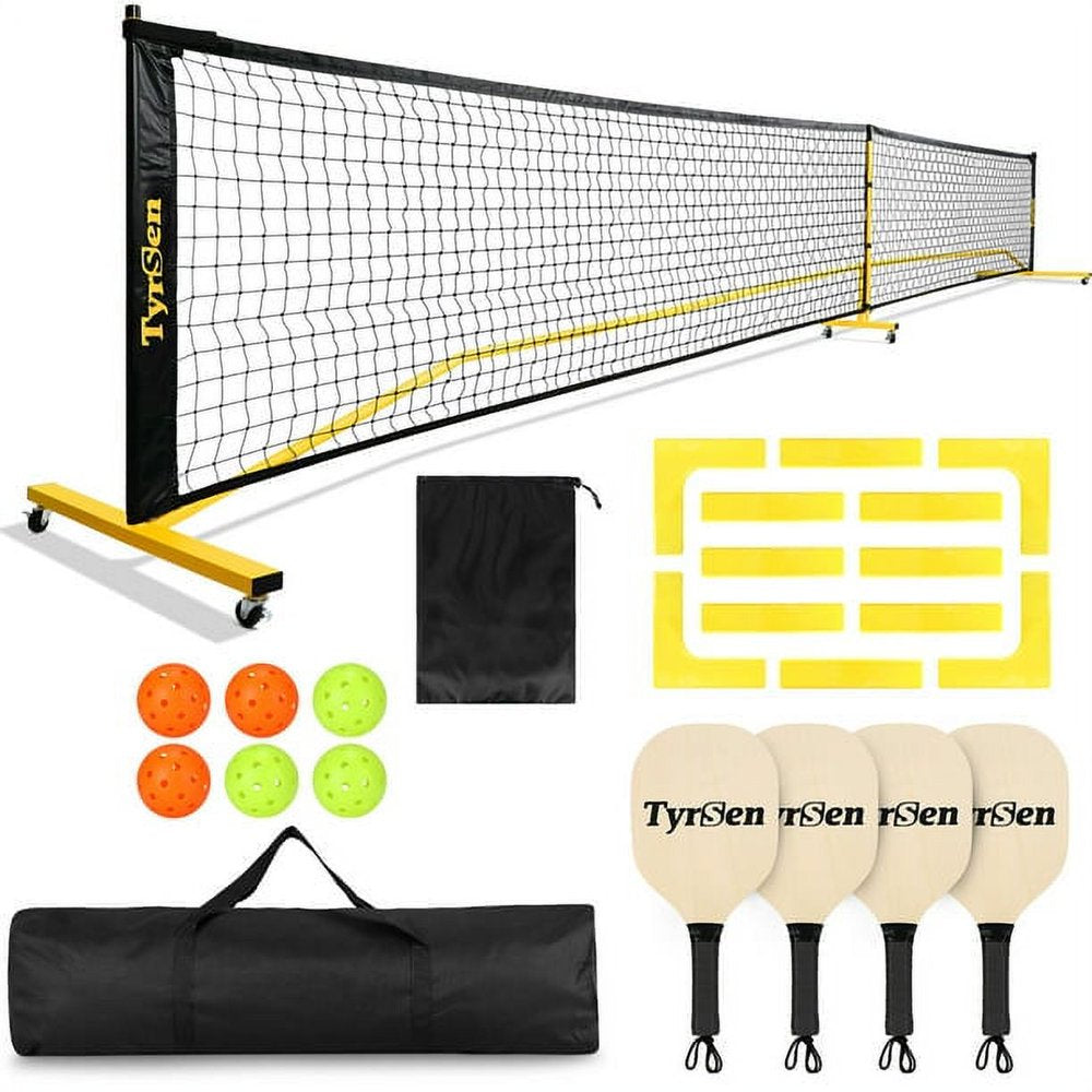 Pickleball Net Set on Wheels for Driveway Portable Regulation Size Pickleball Net System with 4 Paddles,6 Pickle Balls