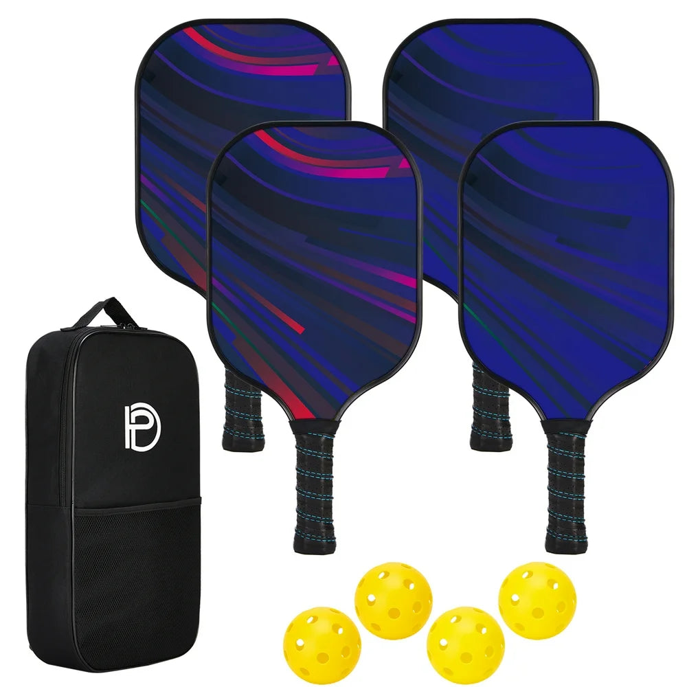 Pickleball Paddles Set of 4, 4 Indoor Outdoor Wood Pickleballs, Paddle Racket with Cover Bag