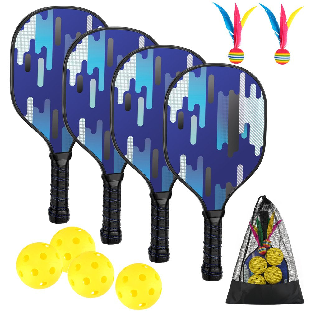 Wood Pickleball Paddles Set of 4 with Mesh Bag, 4 Pickleballs (Indoor/Outdoor) and 2 Cricket Balls