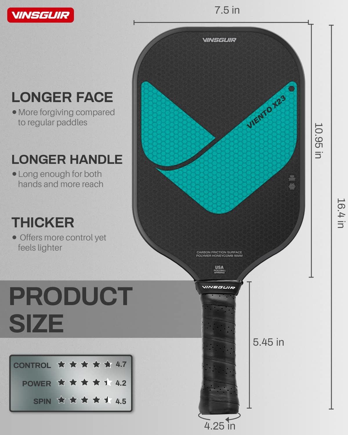 Pickleball Paddle 16MM Carbon Fiber Pickleball Paddle with Longer Handle, Elongated Paddle with Spinflex Surface