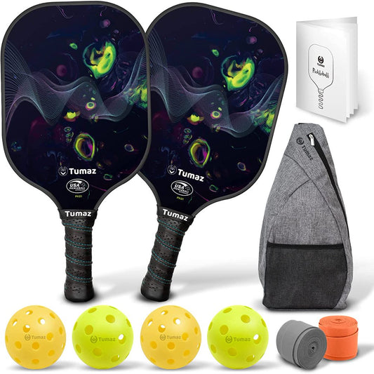 Pickleball Paddle Set, 2 Honeycomb Core and Fiberglass Face Paddles, 4 Balls and Carry Case