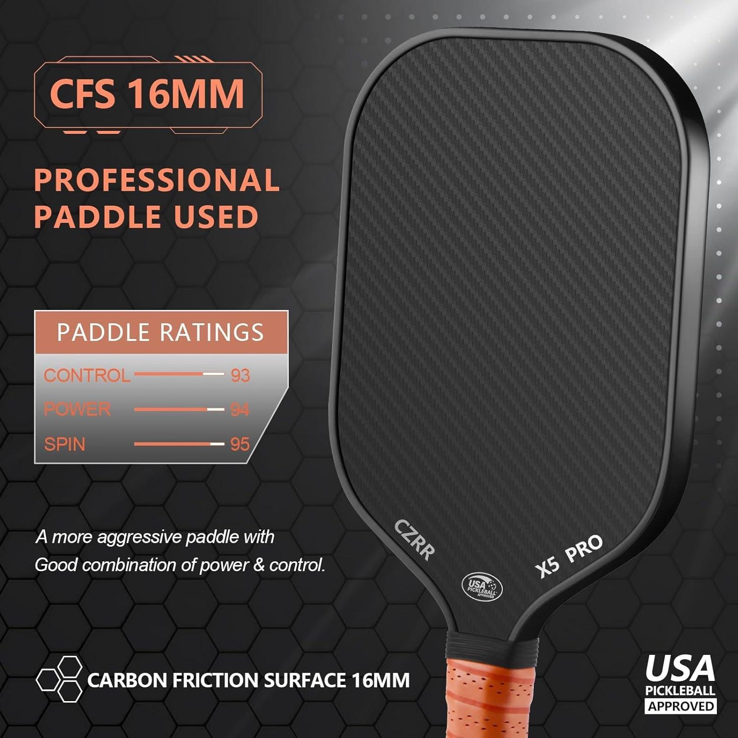 Pickleball Paddle, USA Pickleball Approved, 3K Raw Carbon Fiber Surface (CFS) High Grit & Spin