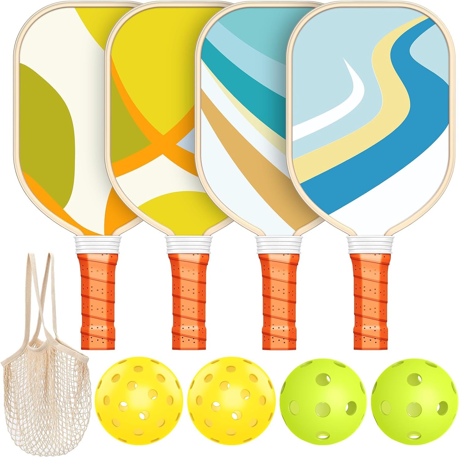 Pickleball Paddles Set of 4, Premium Wood with 4 Indoor & Outdoor Pickleball Balls and 1 Carry Bag