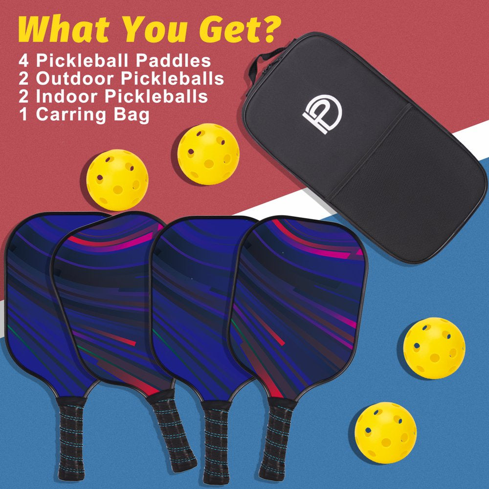 Pickleball Paddles Set of 4, 4 Indoor Outdoor Wood Pickleballs, Paddle Racket with Cover Bag