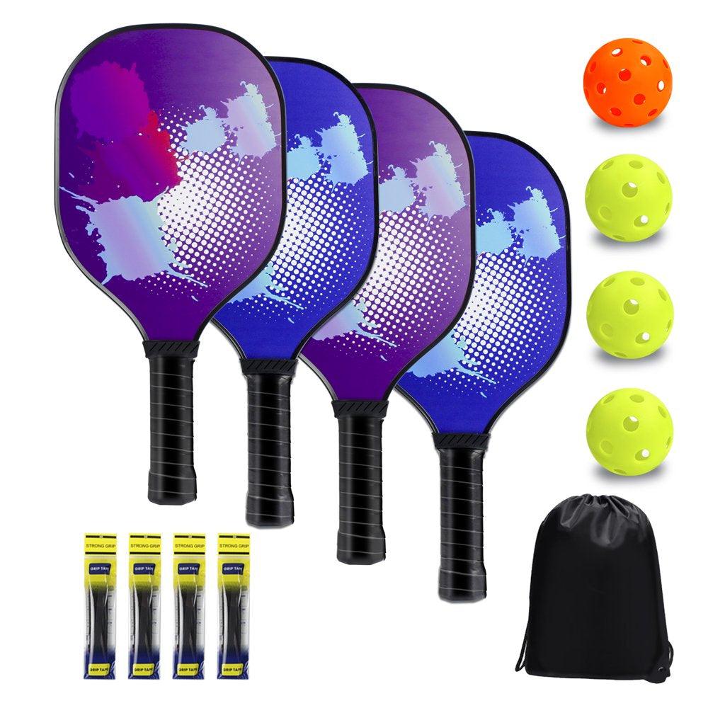 4 Wood Pickleball Paddles, 4 Pickleball Balls, 4 Grip Tape & Carry Bag, Pickleball Gifts - setpickleball